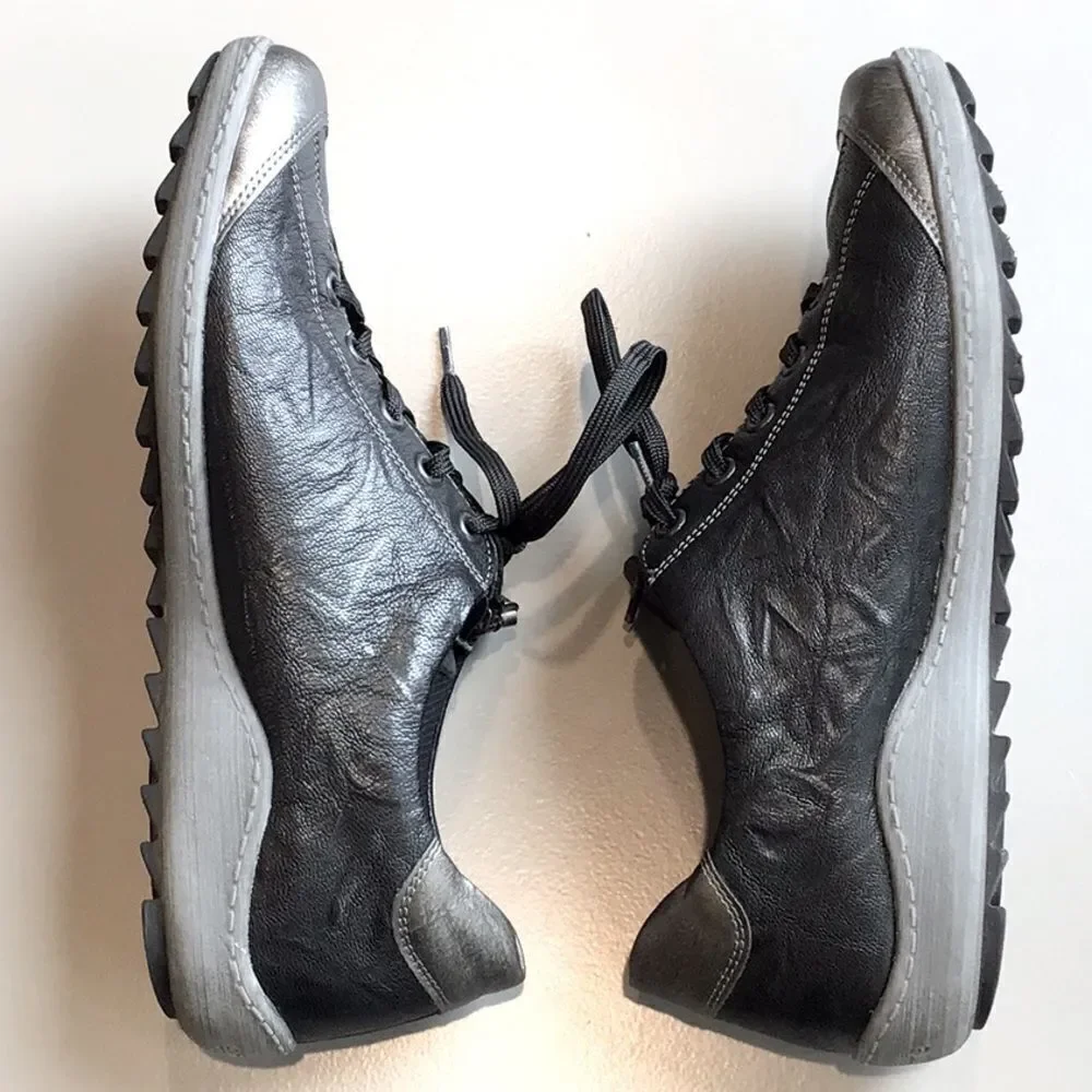 Remonte by Rieker Black Metallic Sheen Leather Zip Side Casual Lace Up Sneakers - Picture 11 of 16